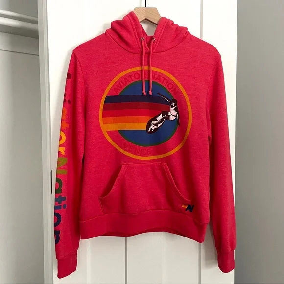 Aviator Nation Pullover Hoodie Sweatshirt Neon Red Venice Size Small - Picture 2 of 7